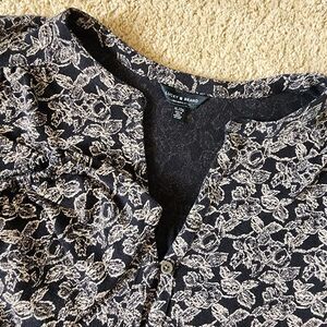 Lucky Brand black cream floral button‎ front balloon sleeve shirt womens size XL
